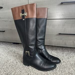 Karen Scott Women's Edenn Buckled Riding Boots, Black Cognac Size 5.5 Gold